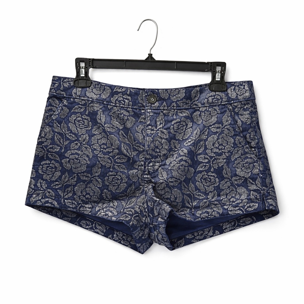 Abercrombie Navy Blue Corduroy Shorts Metallic Gold Floral Chino Size 8 Low Rise
